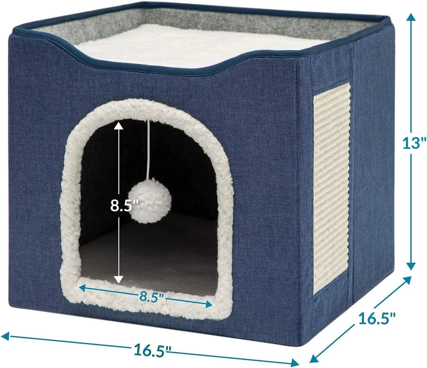 Cat Beds for Indoor Cats,  Large Cat Cave for Pet Cat House with 2 Cushion, Cute Modern Cat Igloo with Ball Hanging and Scratch Pad for Multi Small Pet Large Kitten Kitty, Grey