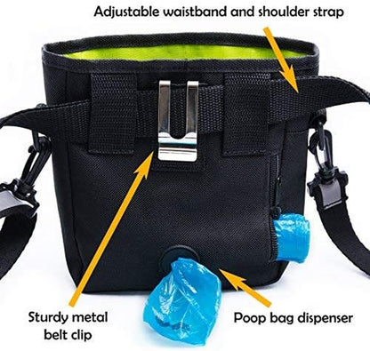 Dog Treat Bag, Training Pouch for Small and Large Dogs with Clicker and Collapsible Food Bowl BPA Free – Pet Treats Tote Bag with Waist and Shoulder Reflective Straps and Belt Clip