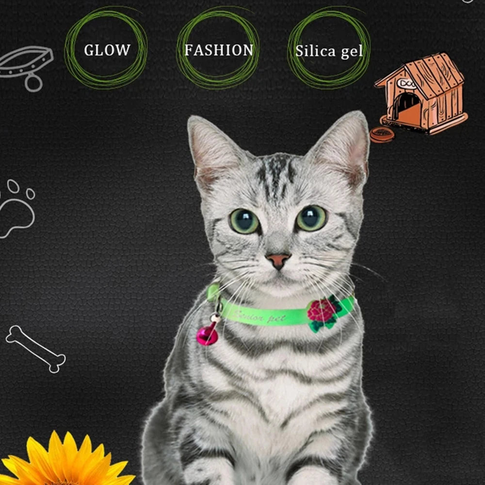 Luminous Cat Necklace Glowing Small Dog Cat Collar Anti-Loss Fluorescent Silicone Cat Bell Collar Neck Ring Pet Cat Accessories