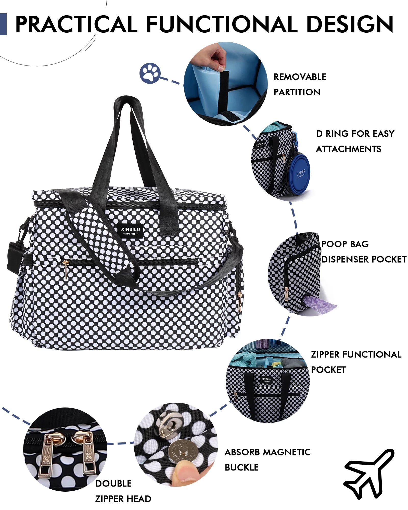 Dog Travel Bag, Weekend Pet Travel Set for Dog and Cat, Airline Approved Tote Organizer with Multi-Function Pockets-Polka Dots